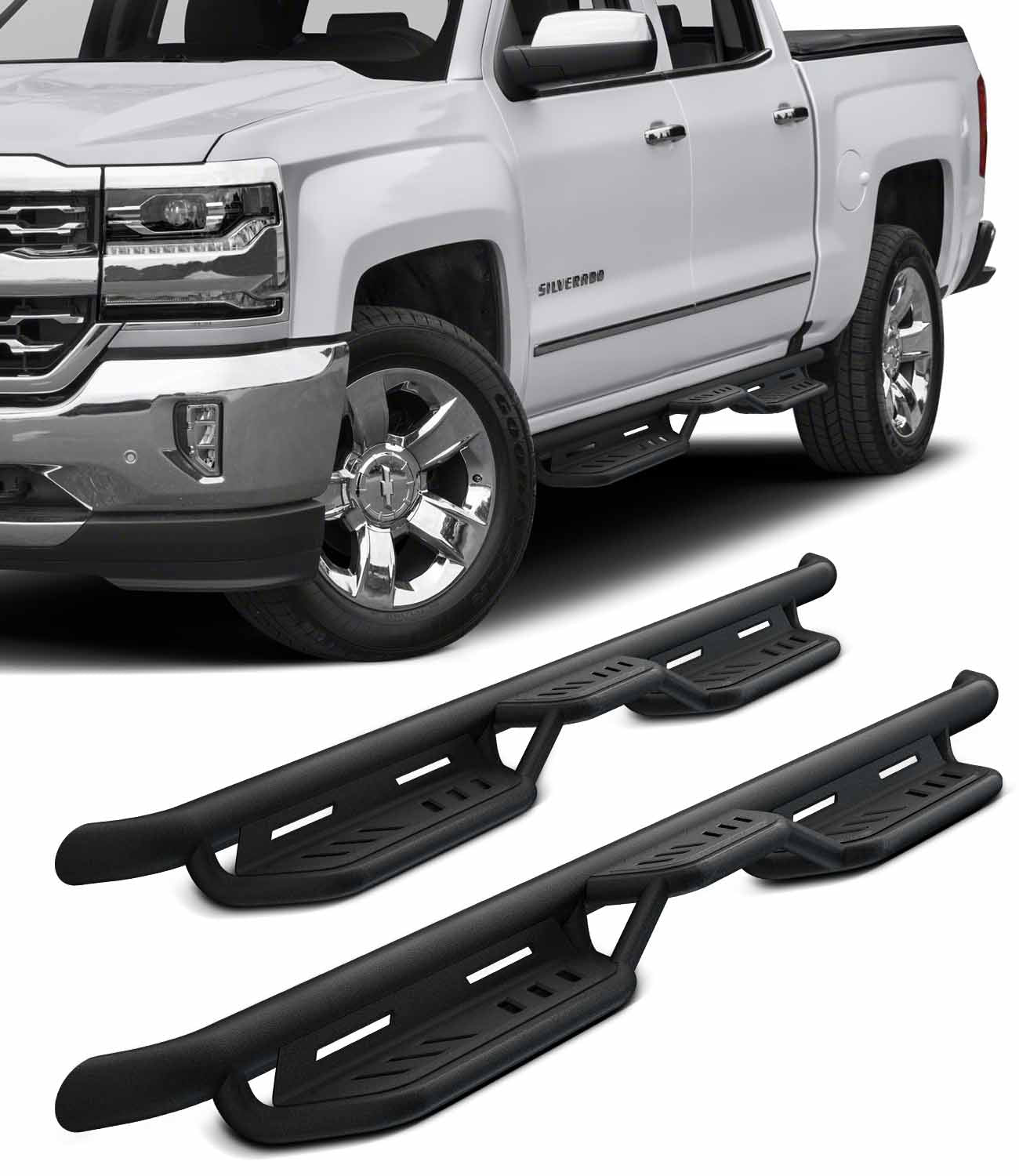 Silverado 1500 Drop Down Style Nerf Side Step Bars; Matte Black (07-18 Silverado 1500 Crew Cab) - Free Shipping